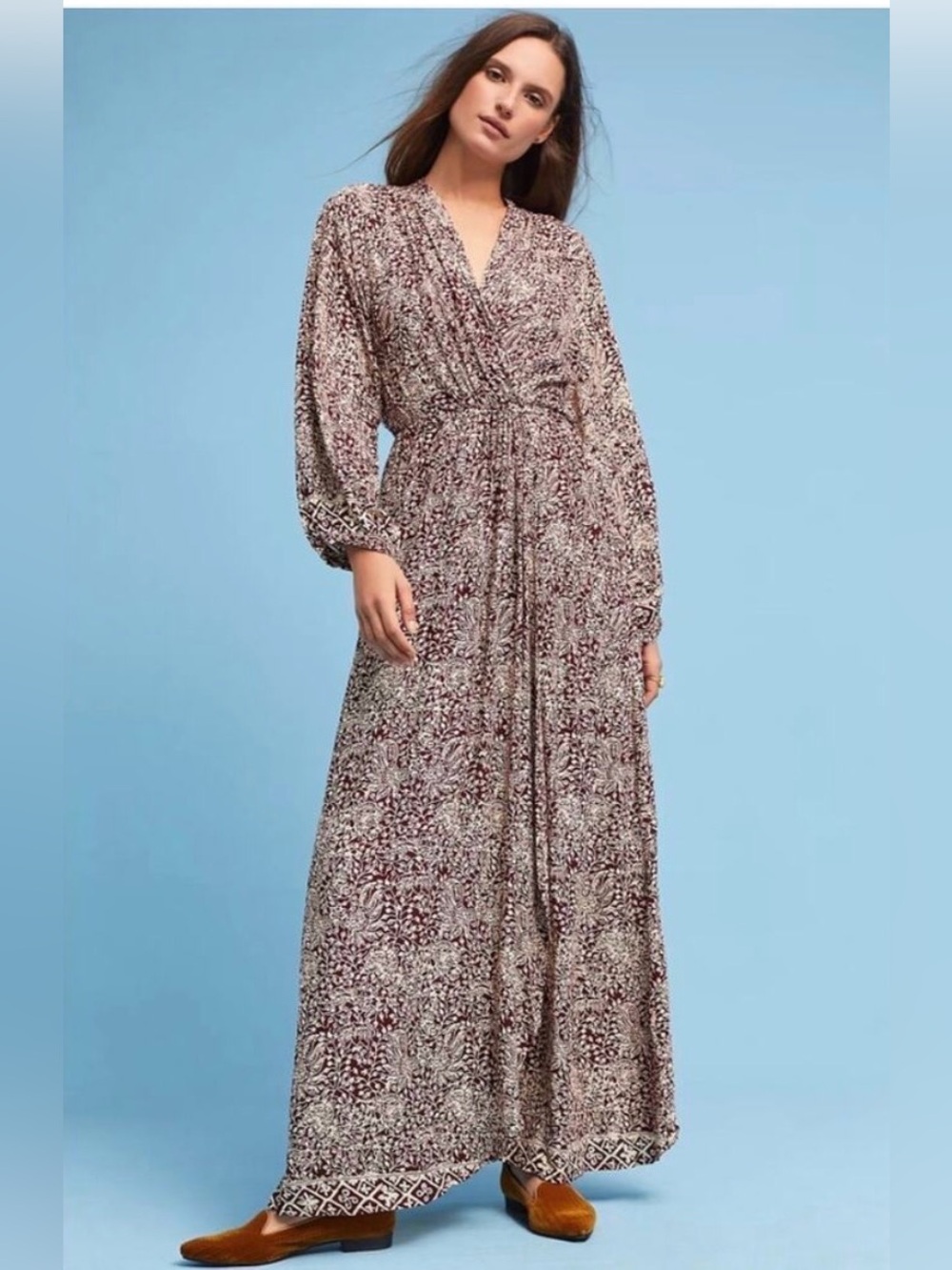 Natalia Martín Long Sleeve V-Neck Maxi Dress in Burgundy Floral size M